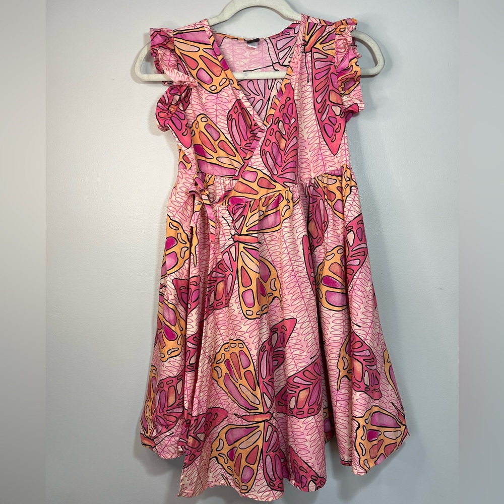 Tea Collection Pink Cotton Butterfly Wrap Ruffle Sleeve Dress Girls 12